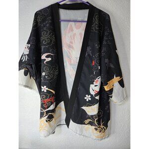 Japanese Kimono Cardigan Mens Large Kitsune Fox Mask Haori Streetwear Anime